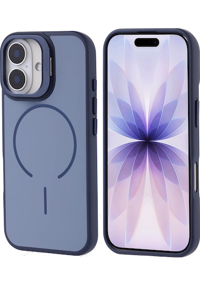 Apple Uyumlu iPhone 17 Kılıf M-safe Şarj Özellikli Kamera Standlı Zore Notron Kapak Lacivert