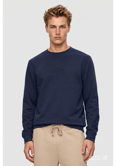 UCLA Machado Lacivert Bisiklet Yaka Gofre Baskılı Yumuşak Dokulu Modal Kumaş Standard Fit Erkek Sweatshirt