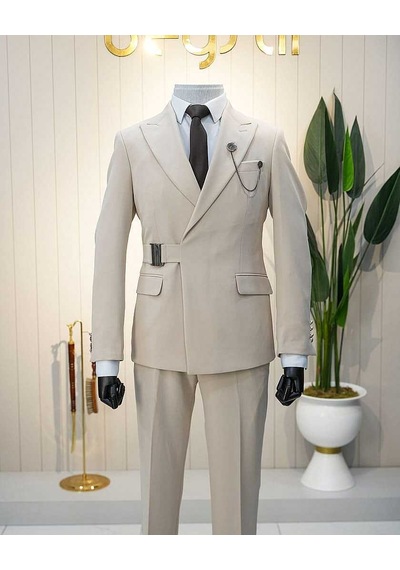 Bys Beystil Erkek Bej Slimfit Beli Tokalı Takım Elbise