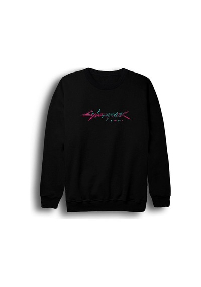 Erkek Siyah Cyber Punk Baskılı Bisiklet Yaka Sweatshirt Siyah