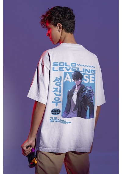Solo Leveling Arise Sırt Baskılı Unisex Oversize Anime Karakteri Beyaz