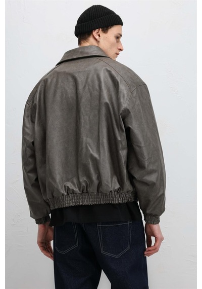 Vamos Oversize Deri Bomber Ceket Vizon