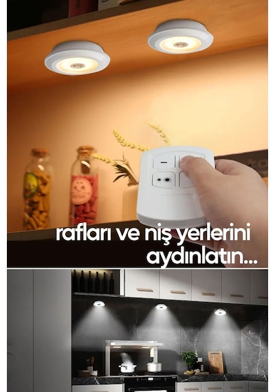 Uzaktan Kumandalı Yapışkanlı Kablosuz Pilli Led 3'lü Spot Lamba Beyaz