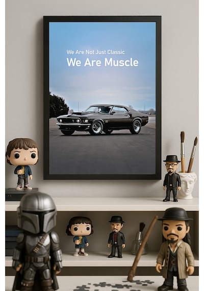 1969 Ford Mustang Boss 429 Siyah Ahşap Çerçeveli Poster, Dekoratif Araba Duvar Tablosu