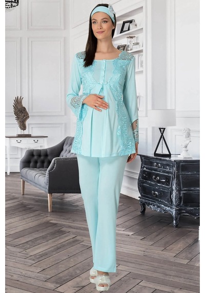By Mecit Pijama Mecit 5015 Dantelli Turkuaz Lohusa Pjama Takımı