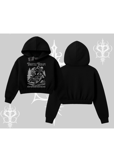 Startmore Kapşonlu Crop Sweatshirt Throttle Therapy No Brakes Just Freedom Siyah
