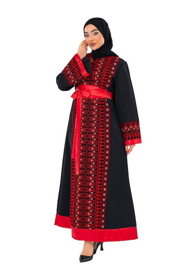 Zaytoon Uzun Kollu Tek Taraflı Nakışlı Kırmızı Kemerli Filistin Elbise C100057 Kırmızı