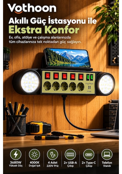 Akıllı Masaüstü Duvar Tipi Akım Korumalı 5 Li Priz 3680w Led Işıklı Usb-a Type-c Telefon Standlı