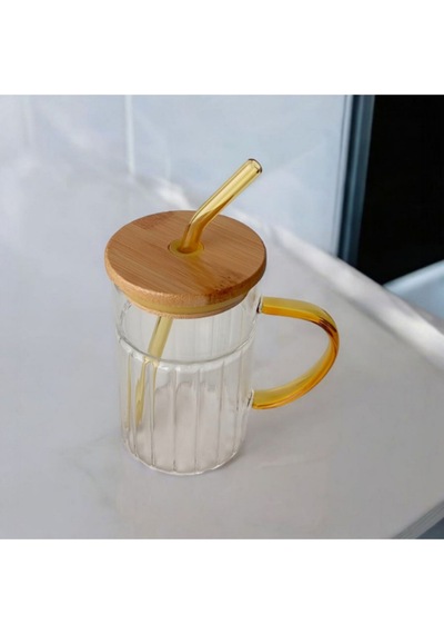 Bambu Kapaklı Cam Pipetli Kupa 420 Ml Sarı