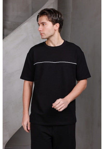 Erkek Garnili Şeritli Oversize Bisiklet Yaka 2 İki İplik Kompakt T-shirt Siyah