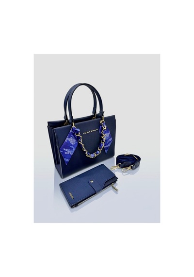 Just Polo Kadın Gold Zincirli Şal Detaylı Şık El & Omuz Çantası Ve Cüzdanı Kombin Shopper Ebat: 20 X 25 Cm Lacivert 15498367