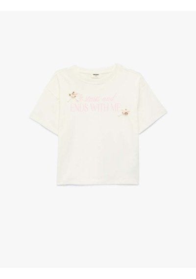 Koton Baskılı Ekru Kız Çocuk T-shirt 6skg10213ak Ekru