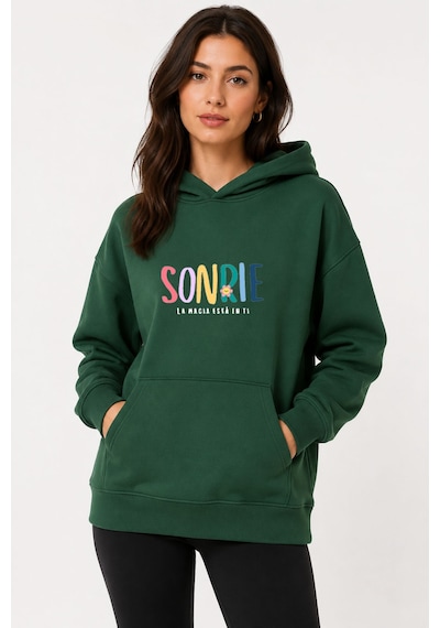 Herkesemoda Sonrie Baskılı Kapüşonlu 2 İplik Şardonlu Sweatshirt Yeşil