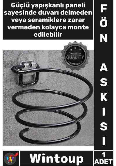 Askı Yapışkanlı Duvar Tipi Siyah Metal Banyo Askı Organizeri Standı Şık Saç Kurutma Makinesi Tutucu Çok Renkli