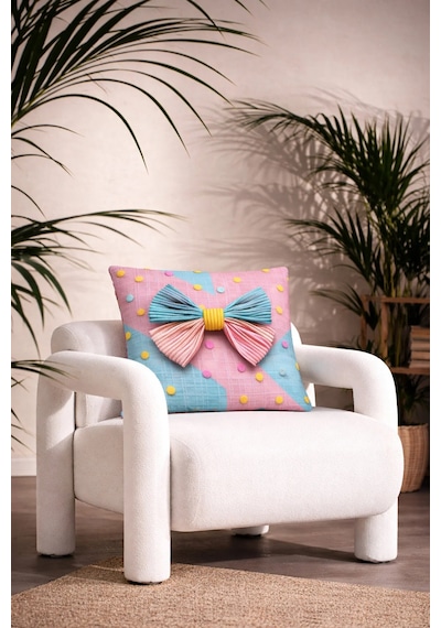 3d Renkli Düğme Ve Gökkuşağı Fiyonk Detaylı Dekoratif Kırlent Kılıfı 45x45 Cm Pastel Pembe Mavi