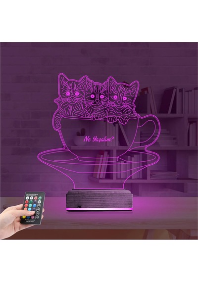 Luvivia Kedi Fincan Tasarım Kişiye Özel 3d Lamba - Masa Gece Lambası Şeffaf