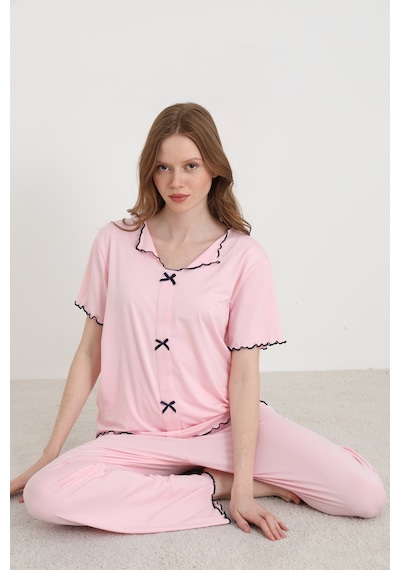 Elitol Bamboo Örme Fiyonklu Kadın Pijama Takımı Pembe-4