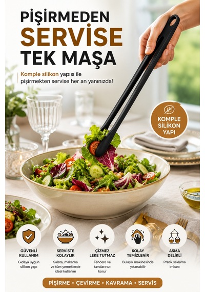 29 Cm Siyah Silikon Mutfak Maşası Büyük Boy Tek Parça Kızartma Servis Salata Maşası Pratik Uzun Sapı