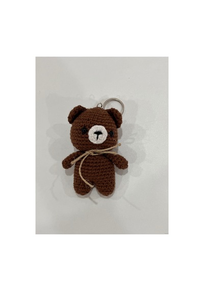 El Yapımı Amigurumi Ayıcık Anahtarlık - Örgü Figür, Jüt Fiyonklu 9-10 Cm Koyu Kahverengi Koyu Kahverengi