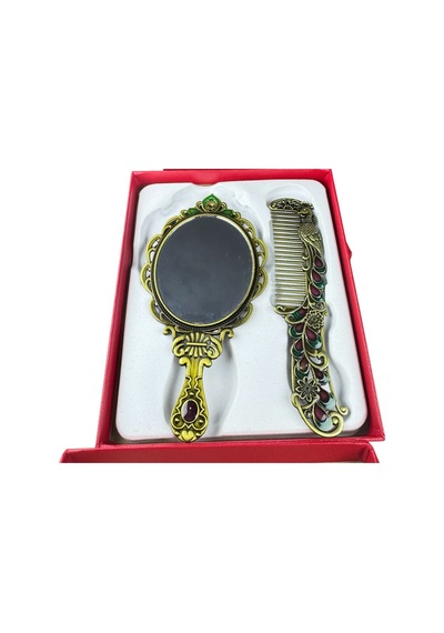 Tavus Kuşu Desenli Vintage Ayna Tarak Seti Özel Tasarım Ve Özel Kutulu 13,5 Cm & 13 Cm Yeşil