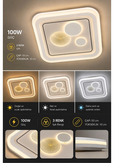 Modern Kare Avize 3 Renk Işık Salon Oturma Odası Yatak Odası Beyaz Dekoratif Tavan Avizesi 100w Led 50 Cm