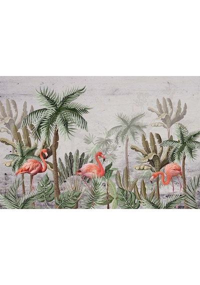 Flamingolar Ve Tropikal Yapraklar Duvar Kağıdı (360364412)