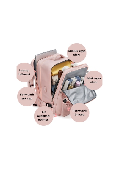 Su Geçirmez 16" İnç 39l Ayakkabı Bölmeli Seyahat Sırt Çantası - Laptop Bölmeli, Usb Şarj Girişli Pembe