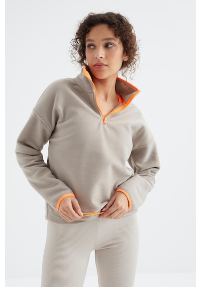 Tommy Life Koyu Bej Yarım Fermuar Etek Ucu Büzgülü Dik Yaka Oversize Kadın Polar Sweatshirt - 97234 Koyu Bej