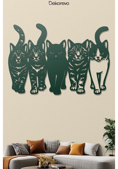 Kedi Çetesi Beşli Kedi Silüeti Metal Duvar Dekoru - Metal Duvar Sanatı - Yosun Yeşili - 75 X 50 Cm Yeşil