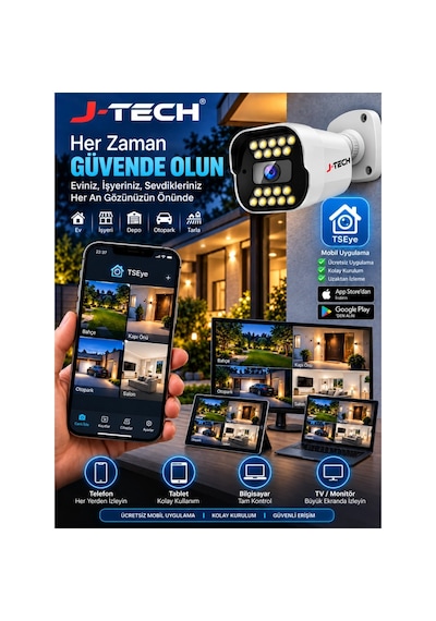 J-tech K1020 5mp Ip Sesli Renkli Gece Görüşlü 4 Lü Akıllı Güvenlik Kamera Seti Yüz Ve Araç Tanıma