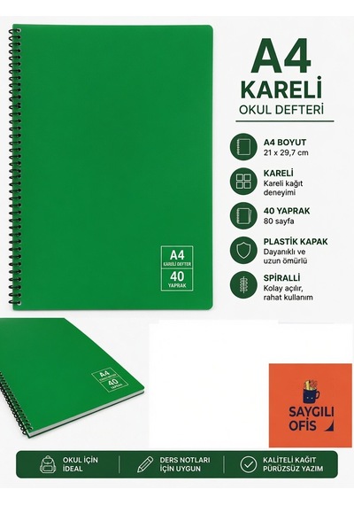 Saygılıofis 40 Yaprak A4 Spiralli Pp Kapak Kareli Defter Yeşil