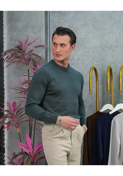 Modefendi Slim Fit Kalıp Pamuk Likra Sade Bisiklet Yaka Triko Kazak Yeşil