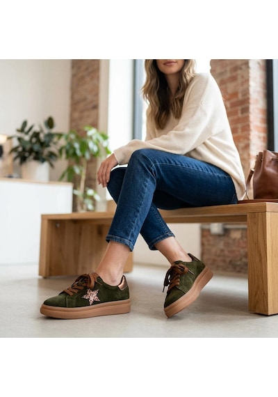 Venüs 2652451k Kadın Hakiki Süet Deri Yıldız Desen Sneaker Ayakkabı Haki