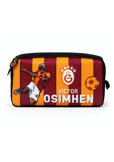 Galatasaray Lisanslı Victor Osimhen Kalemlik - Çift Bölmeli Su İtici Kumaşlı Parçalı Kalem Çantası Sarı- Kırmızı- Siyah