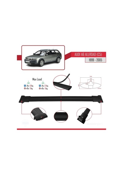 Audi A6 C5 Allroad 1999-2005 Arası İle Uyumlu Fly Model Ara Atkı Tavan Barı Siyah