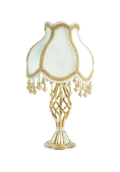 Ekru Kadife Kaplı Gold İşlemeli Şık Başlık Burgulu Gold Metal Ayaklı Klasik Model Abajur 55x25cm