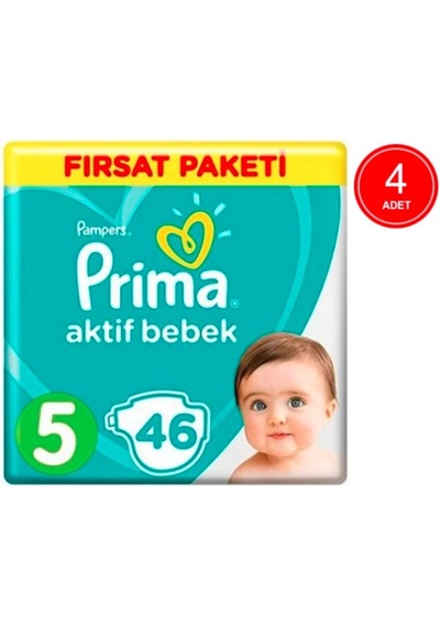 Prima Pampers Aktif Bebek Junior Bebek Bezi 11-16 KG 5 Beden 4 x 46 Adet 4'lü
