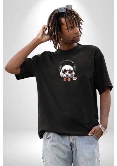 Kulaklıklı Hipster Portre Panda Siyah Oversize Unisex Ön Orta Minimal Baskılı Tişört Siyah