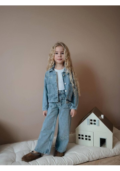 Miniko Kids Kız Çocuk Bayramlık Kot Ceketli Badili Pantolonlu 3lü Takım Mavi