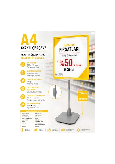 A4 Ayaklı Fiyat Etiketlik Teleskopik Borulu Çerçeve Etiketlik Yönlendirme Levhası Menü Panosu Sarı