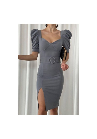Store Krep Yaka Elbise Kemerli Kare Kumaş Abiye Kırmızı - 935902494 Kırmızı