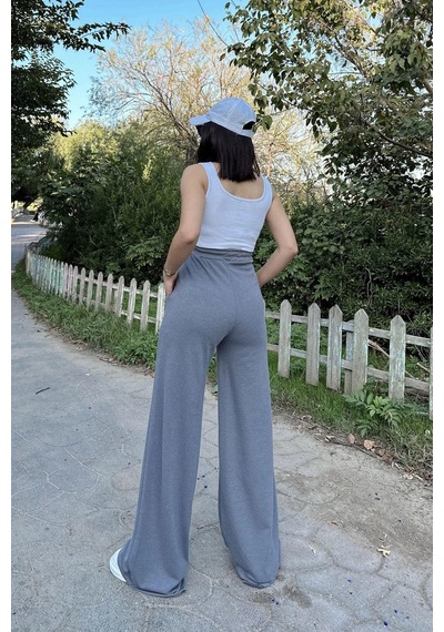 Kadın Gri Beli Lastikli, Cepli Örme Dokuma Kumaş, Bol Paça, Salaş Pantolon Gri