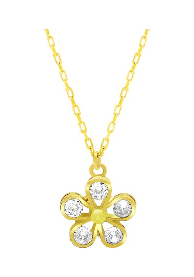Tesbihane Beyaz Zirkon Taşlı Kar Tanesi Tasarım Gold Renk 925 Ayar Gümüş Kadın Kolye