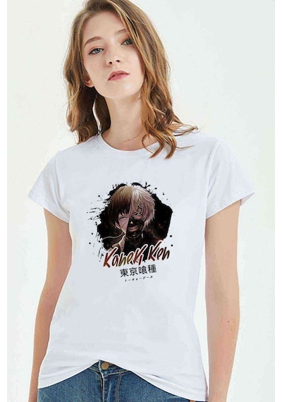 Anime Tokyo Ghoul Kaneki Manga Baskılı Beyaz Kadın Tshirt (534310041)