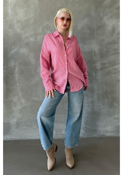Madmext Pembe Çizgili Oversize Kadın Gömlek Mg2327 Pembe