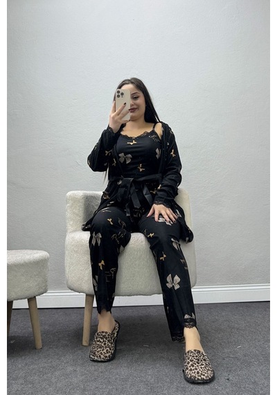 Belendir Kadın Süet 3'lü Pijama Set Siyahbej siyah