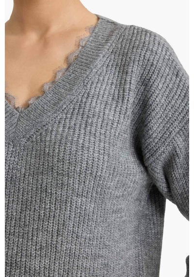 Defacto Oversize Geniş Kalıp V Yaka Triko Kazak G6653ax25wngr156 Gri-gr156