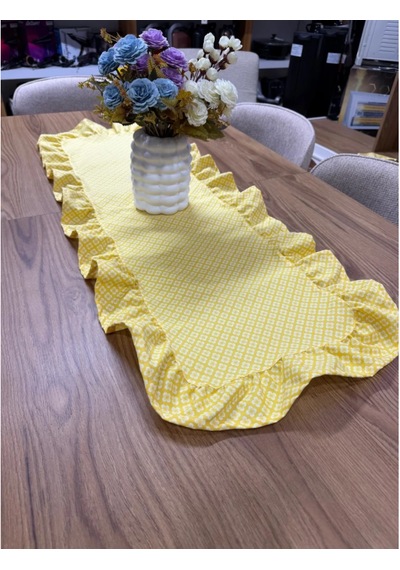 Vintage Duck Keten Sarı Çiçekli Fırfırlı Oval Runner 40 X 140 Cm Sarı