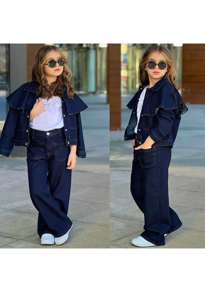 Kız Çocuk 3 Parça Kot Pelerin Detaylı Ceketli Denimtakım 25179 Lacivert