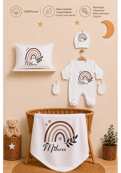 Pia Baby Kız Bebek Tulum Seti İsim Baskılı %100 Pamuk Yastık Kılıfı Ve Battaniye 1088tybyx Ekru